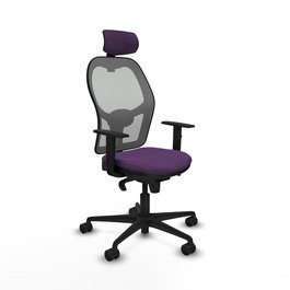 Silla de oficina Jorquera con mecanismo Sincro tapizada con Tela color Morado y malla color Gris. Equipada con lumbar 1D, Brazos 1D, Cabecero 2D y Ruedas 65mm nailon