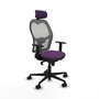 Silla de oficina Jorquera con mecanismo Sincro tapizada con Tela color Morado y malla color Gris. Equipada con lumbar 1D, Brazos 1D, Cabecero 2D y Ruedas 65mm nailon