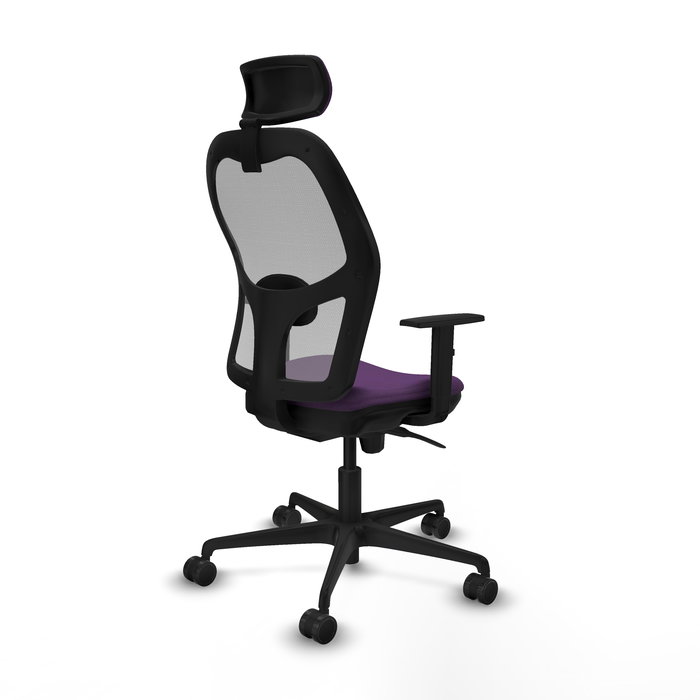 Silla de oficina Jorquera con mecanismo Sincro tapizada con Tela color Morado y malla color Gris. Equipada con lumbar 1D, Brazos 1D, Cabecero 2D y Ruedas 65mm nailon