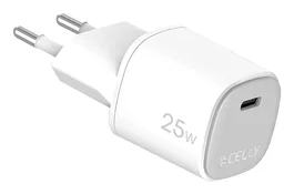 Celly UPTC1USBC25WWH Cargador de Pared 25W GaN 1 Puerto USB-C Ultracompacto para Smartphone, Cámara, Teléfono - Blanco