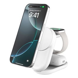 Belkin UltraCharge - Base de carga magnética plegable Qi2 25W, carga inalámbrica rápida para iPhone, Samsung, reloj inteligente y auriculares, color blanco