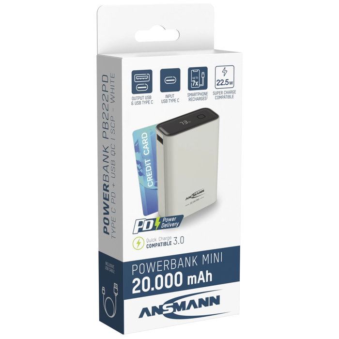 Ansmann Powerbank PRO 20000 mAh USB-A+C 22,5W Blanco