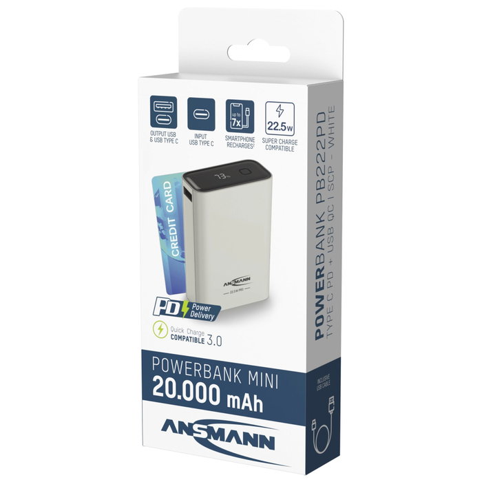 Ansmann Powerbank PRO 20000 mAh USB-A+C 22,5W Blanco