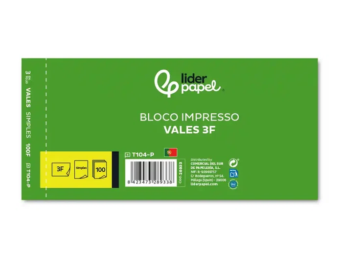 Liderpapel Talonario de vales 3 en folio texto en portugués