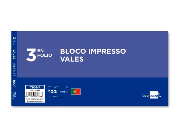 Liderpapel Talonario Vales Tres en Folio 104 Texto en Portugues