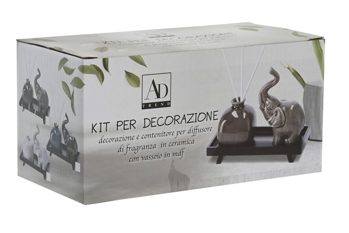 DKD Home Decor Set de Decoración Elefante Mikado con Bandeja de Cerámica