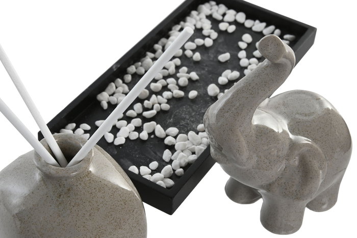 DKD Home Decor Set de Decoración Elefante Mikado con Bandeja de Cerámica