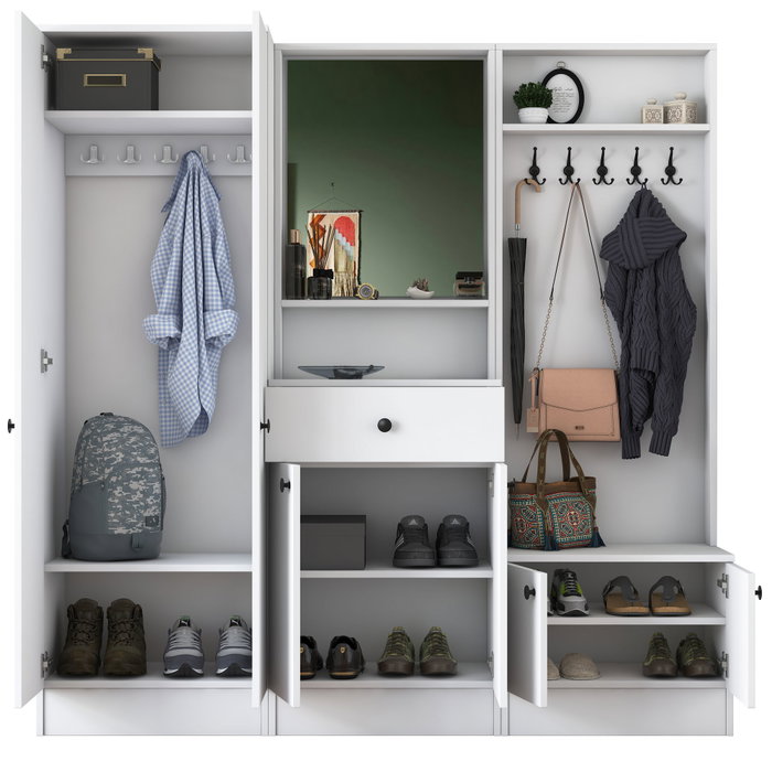 Hanah Home M3 - 1559 Recibidor Escandinavo Blanco con Cajón, Estantes y Espejo