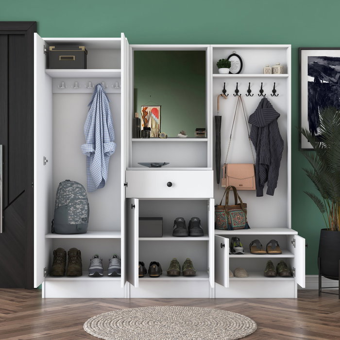 Hanah Home M3 - 1559 Recibidor Escandinavo Blanco con Cajón, Estantes y Espejo