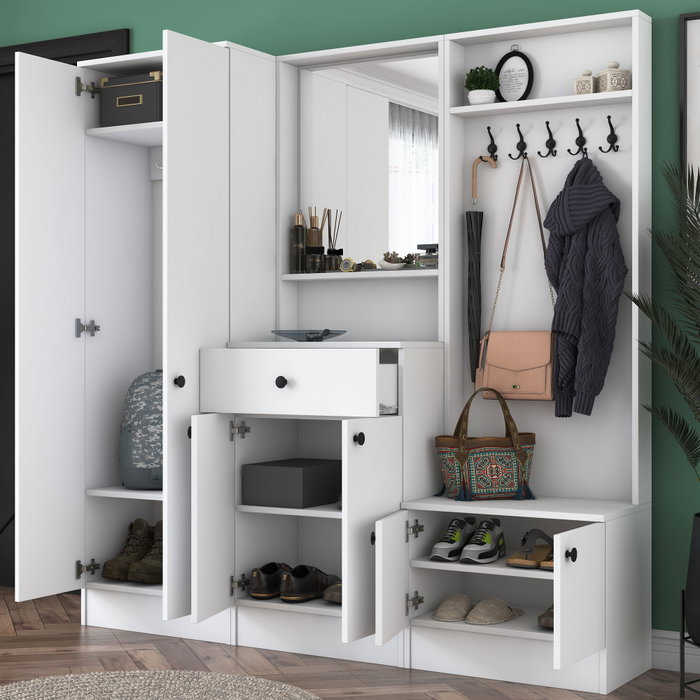 Hanah Home M3 - 1559 Recibidor Escandinavo Blanco con Cajón, Estantes y Espejo