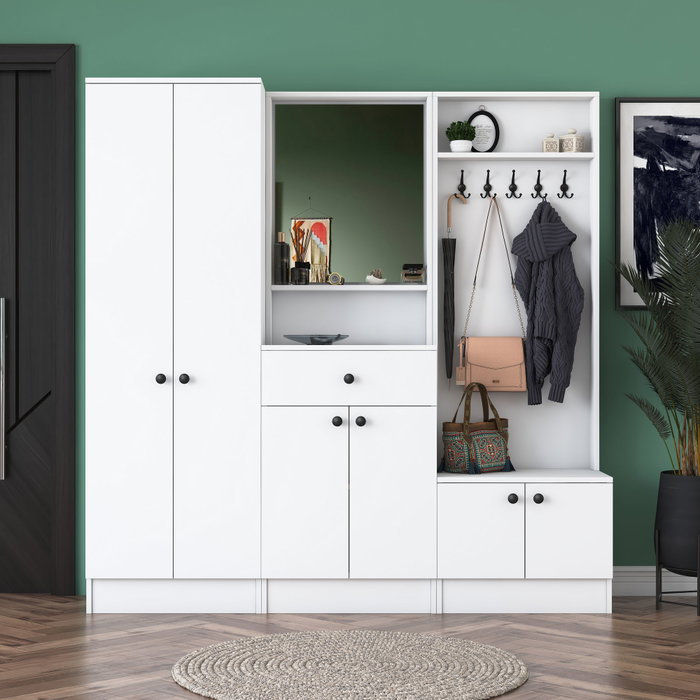Hanah Home M3 - 1559 Recibidor Escandinavo Blanco con Cajón, Estantes y Espejo