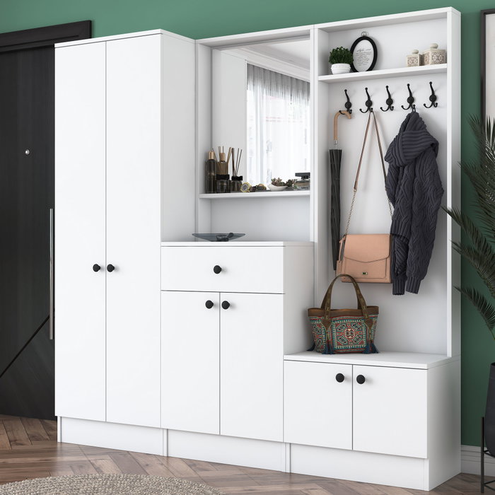 Hanah Home M3 - 1559 Recibidor Escandinavo Blanco con Cajón, Estantes y Espejo