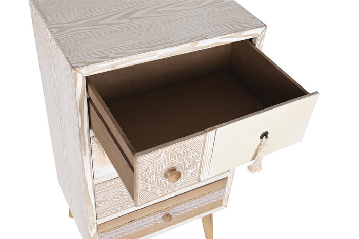 DKD Home Decor Cajonera Boho Blanco Natural Abeto Algodón 4 Cajones 48x35x89 cm