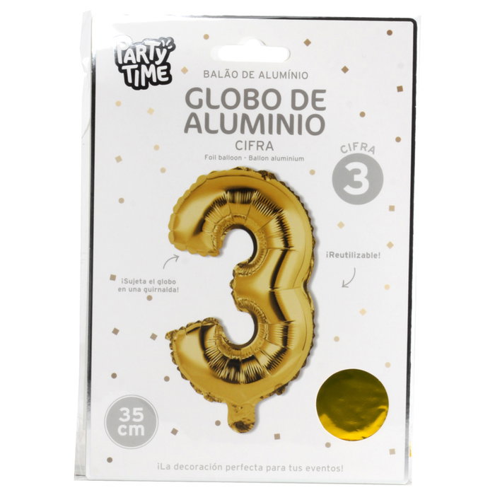 Party Time Globo Cifra 3 Oro Altura 35 cm Reutilizable para Cumpleaños Party Time Globo Cifra 3 Oro Altura 35 cm Reutilizable para Cumpleaños