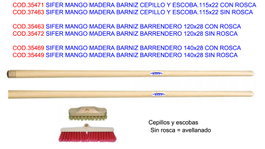 SIFER Mango de Madera Barnizada para Cepillo, Escoba o Rastrillo 115x22 Rosca