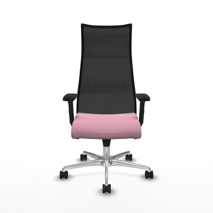 Sillón Albacete con mecanismo Sincro tapizada con Tela color Rosa y malla color Negro. Equipado con Base aluminio, Brazos 2D y Ruedas 65mm nailon