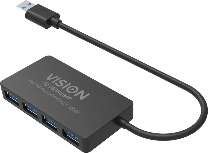 Vision Concentrador USB 3.0 de 4 Puertos, USB 3.2 Gen 1 (5 Gbps), con Cable de 30 cm, Color Negro