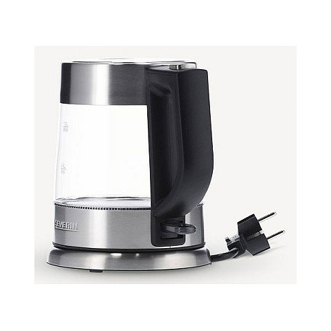 Severin WK 3468 Hervidor de Agua de Vidrio 1 Litro 2200W Negro/Acero Inoxidable/Transparente con Indicador de Nivel, Protección Contra Sobrecalentamiento y Base Giratoria 360 Grados