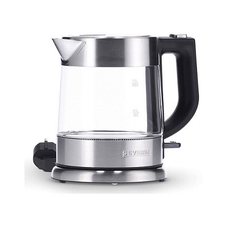 Severin WK 3468 Hervidor de Agua de Vidrio 1 Litro 2200W Negro/Acero Inoxidable/Transparente con Indicador de Nivel, Protección Contra Sobrecalentamiento y Base Giratoria 360 Grados