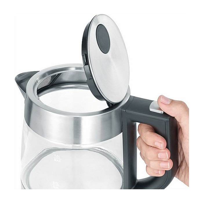 Severin WK 3468 Hervidor de Agua de Vidrio 1 Litro 2200W Negro/Acero Inoxidable/Transparente con Indicador de Nivel, Protección Contra Sobrecalentamiento y Base Giratoria 360 Grados