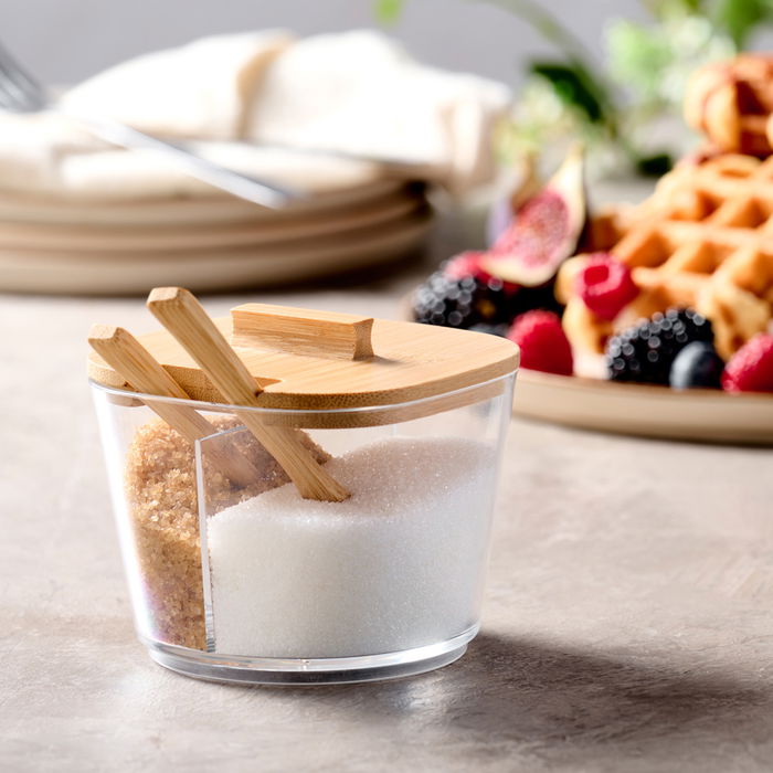 Day Azucarero Doble Transparente con 2 Cucharillas de Bambú para Azúcar Blanco y Moreno 10x12 cm