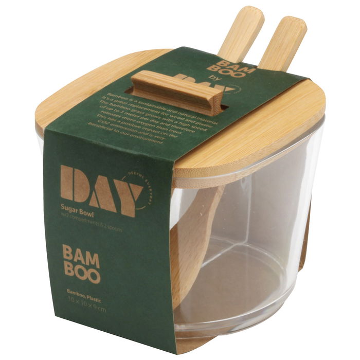 Day Azucarero Doble Transparente con 2 Cucharillas de Bambú para Azúcar Blanco y Moreno 10x12 cm