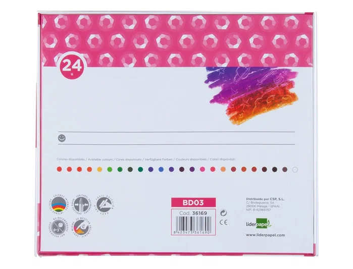 Liderpapel Lápices de Cera Semi Blandos Caja 24 Unidades Colores Surtidos Forma Hexagonal Papel Antimanchas Uso Escolar