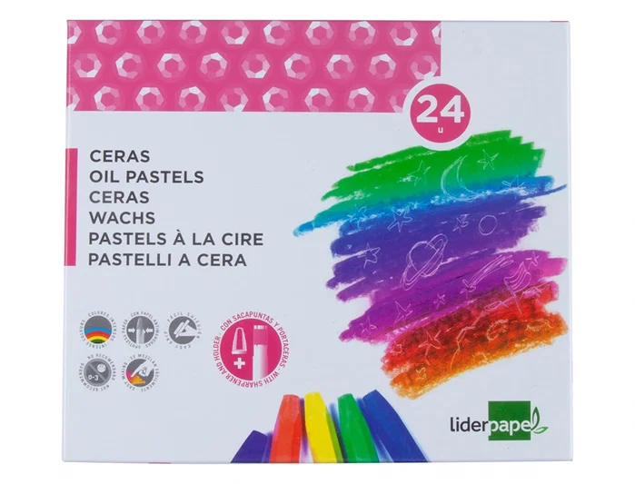 Liderpapel Lápices de Cera Semi Blandos Caja 24 Unidades Colores Surtidos Forma Hexagonal Papel Antimanchas Uso Escolar