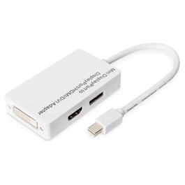 Digitus Adaptador de Video 3 en 1 Mini DisplayPort a DisplayPort, HDMI y DVI Blanco