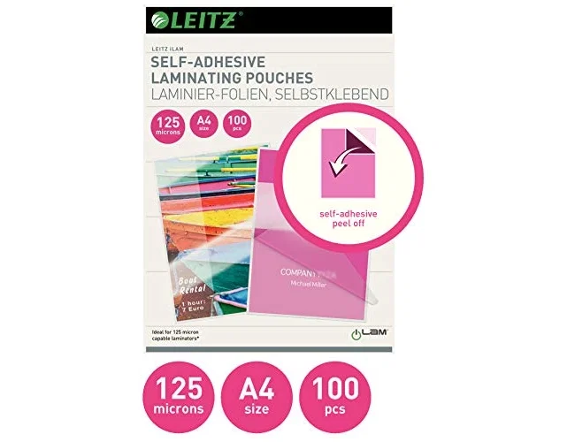 LEITZ Bolsas de plastificar DIN A4 brillantes con dorso adhesivo 125 micras