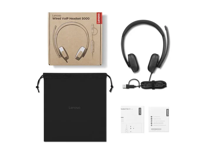 Lenovo VoIP Headset 5000 - Auriculares con Micrófono Diadema Alámbrico USB-C para Oficina/Call Center, Negro