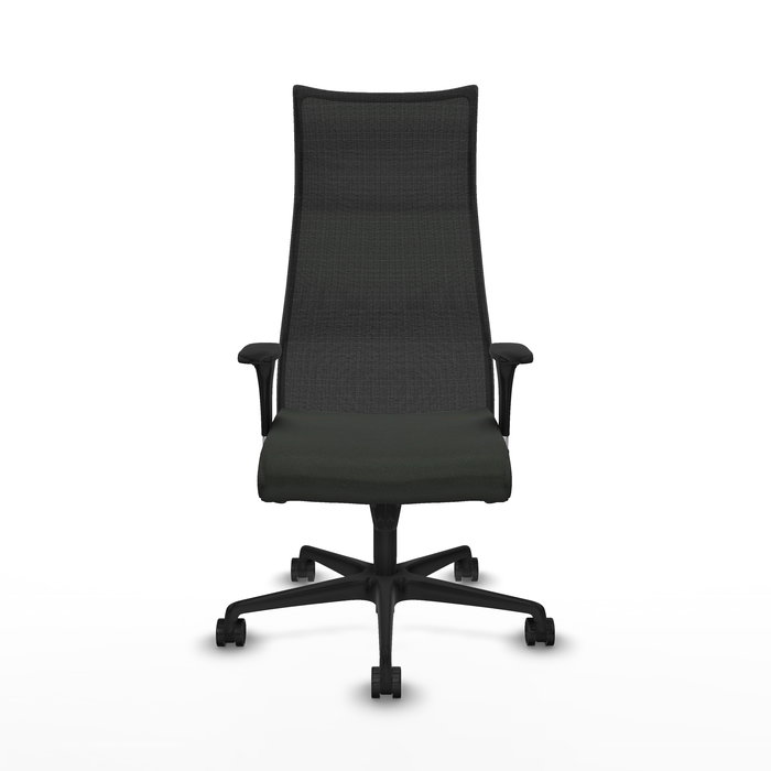 Sillón Albacete con mecanismo Sincro tapizada con Tela color Negro. Equipado con Base nailon negra, Brazos 1D y Ruedas 65mm nailon