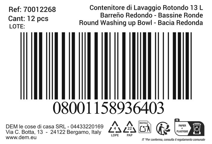 Inde Barreño Redondo Lior 13 Litros, 39.8 cm de diámetro x 17.3 cm de alto, Capacidad 13L (12 Unidades)
