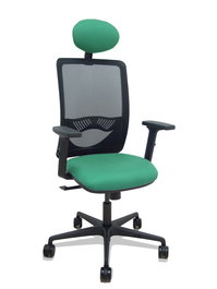 Silla de oficina Zulema con mecanismo Sincro tapizada con Tela color Verde esmeralda y malla color Negro. Equipada con lumbar 1D, Brazos 2D, Cabecero Fijo y Ruedas 65mm nailon