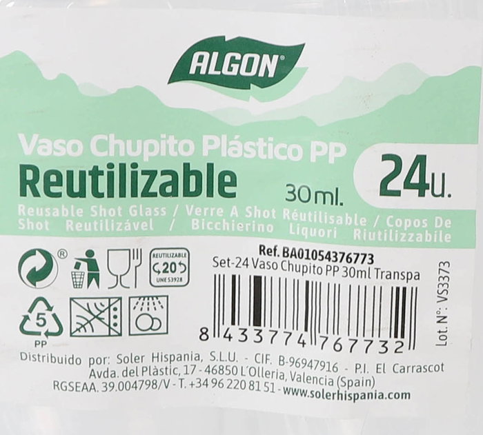 Algon Set 24 Vasos Chupito PP 30 ml Transparentes (24 Unidades)