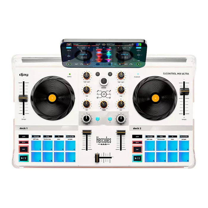 Hercules DJCONTROL MIX ULTRA Controladora DJ para Smartphone Android iOS con App djay, 10h Batería, 8 Pads, EQ, Faders, Jog Wheels