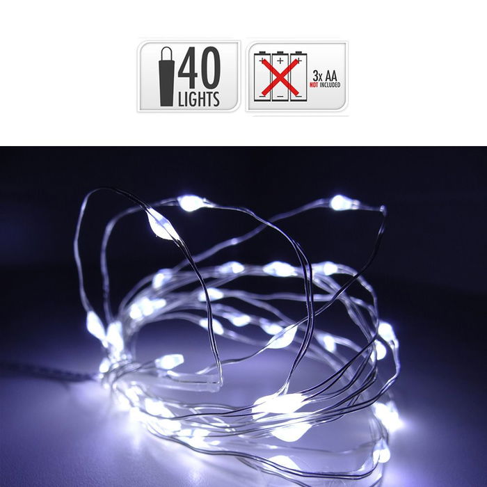 Basics Guirnalda a Pilas, 40 Leds, Luz Blanca Fría, Cable Alambre Plateado, 195 cm