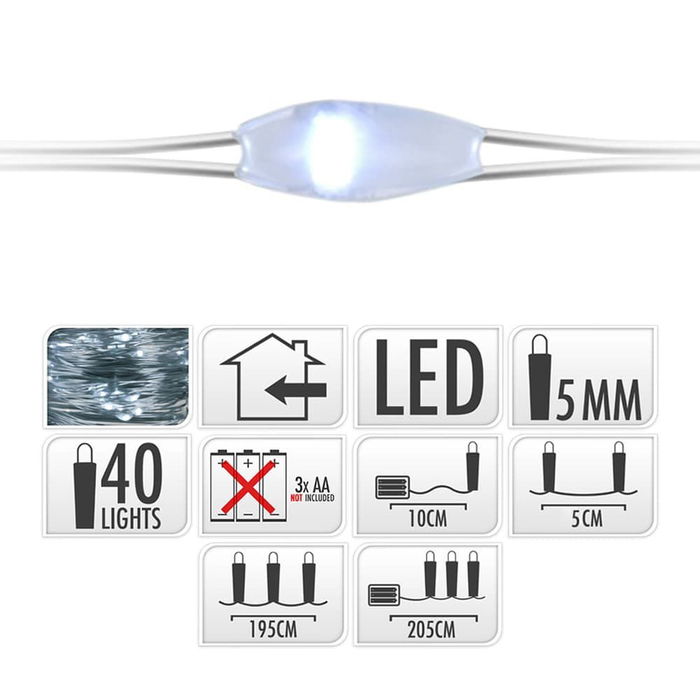 Basics Guirnalda a Pilas, 40 Leds, Luz Blanca Fría, Cable Alambre Plateado, 195 cm