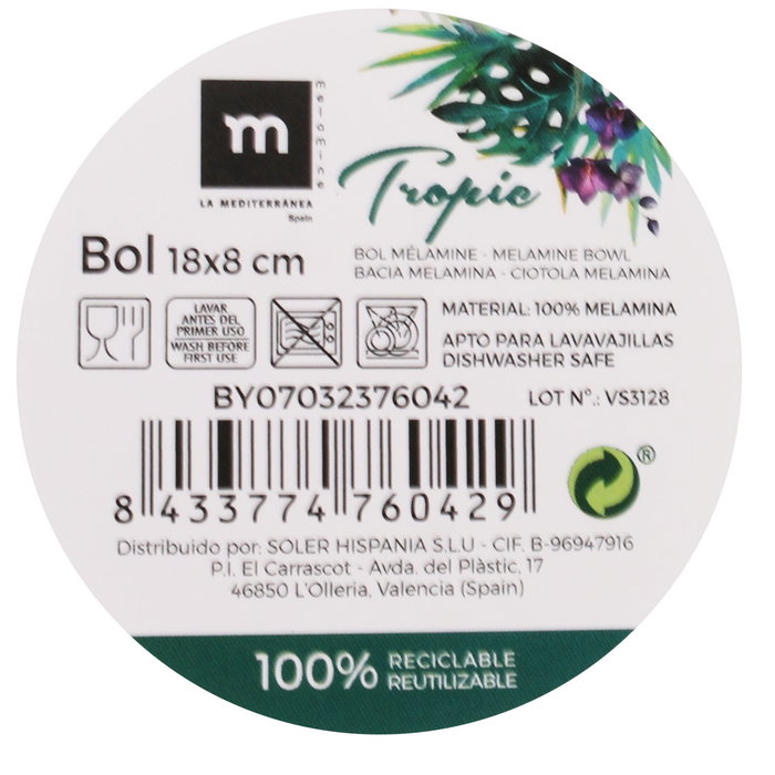 La Mediterranea Bol Melamina Tropic 18 cm x 8 cm Brillo Md (24 Unidades)