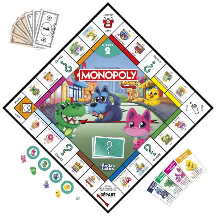 Monopoly Junior 2 en 1 Cuadrado Edición 2026 - Juego de mesa reversible, 2-4 jugadores, +4 años, Versión en francés