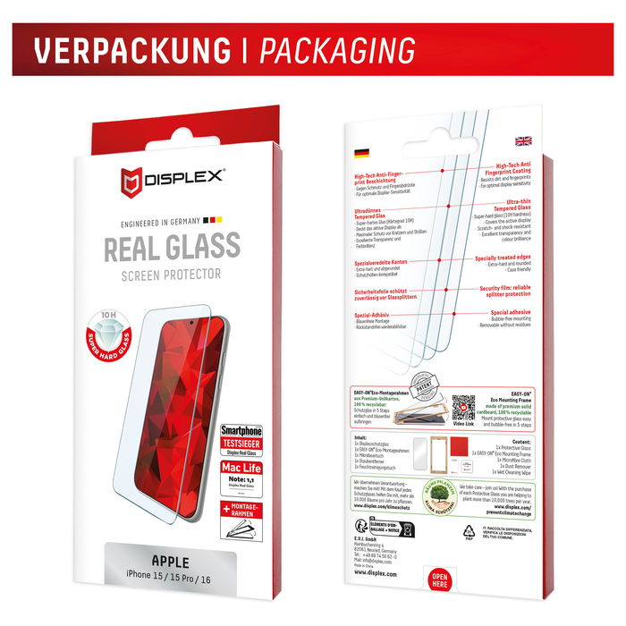 Displex DISPLEX Real Glass iPhone 16/15/15 Pro, Protector de Pantalla de Cristal