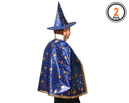 Disfraz Mago Infantil Set Capa y Sombrero Azul con Estrellas para Fiestas y Espectaculos
