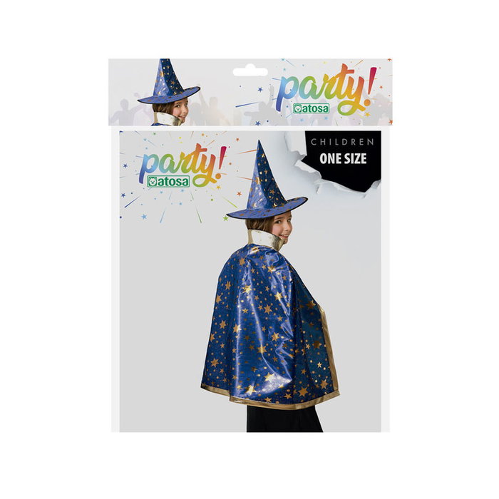Atosa Disfraz Mago Infantil Set Capa y Sombrero Azul con Estrellas
