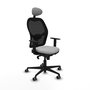 Silla de oficina Jorquera con mecanismo Sincro tapizada con Tela color Gris claro y malla color Negro. Equipada con lumbar 1D, Brazos 1D, Cabecero Fijo y Ruedas 65 mm parqué