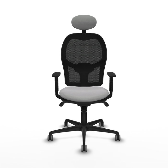 Silla de oficina Jorquera con mecanismo Sincro tapizada con Tela color Gris claro y malla color Negro. Equipada con lumbar 1D, Brazos 1D, Cabecero Fijo y Ruedas 65 mm parqué