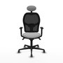 Silla de oficina Jorquera con mecanismo Sincro tapizada con Tela color Gris claro y malla color Negro. Equipada con lumbar 1D, Brazos 1D, Cabecero Fijo y Ruedas 65 mm parqué