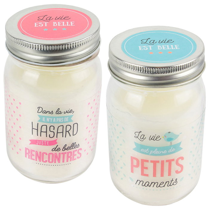 Home Deco Factory Tarro Con Vela "Moments Et Renco" - Modelo Petits Moments Magnolia / Belles Rencontres Vainilla Con Mensaje En Tarro Con Tapa De Rosca