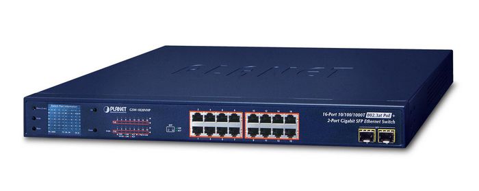 Planet Switch PoE+ GSW-1820VHP 16 Puertos Gigabit 802.3at/af con LCD y 2 SFP, 300W Presupuesto PoE, Modos Extendido 250m y VLAN para Videovigilancia IP Planet Switch PoE+ GSW-1820VHP 16 Puertos Gigabit 802.3at/af con LCD y 2 SFP, 300W Presupuesto PoE, Modos Extendido 250m y VLAN para Videovigilancia IP