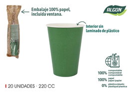 Algon Set 20 Vasos de Cartón Verde Pino 220 cc (20 Unidades)