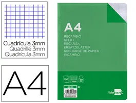 Liderpapel Recambio A4 100 Hojas 60gr Cuadro 3mm Con Margen 4 Taladros